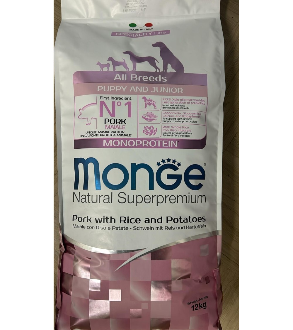 Monge Natural Superpremium All Breeds - Puppy and Junior - Maiale con Riso e Patate - 12Kg