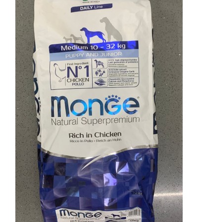 Monge Natural Superpremium Medium Puppy & Junior Ricco in Pollo - 12 kg